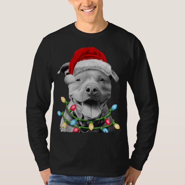 Pit Bull Santa Christmas Tree Lights Xmas Boys Dog T-Shirt (Front)