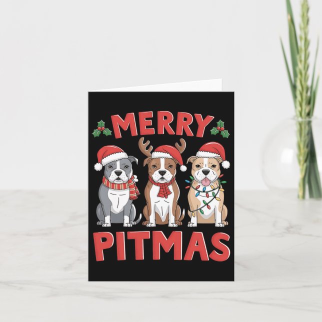 Pit Bull Santa Christmas Tree Lights Xmas Merry Pi Card (Front)