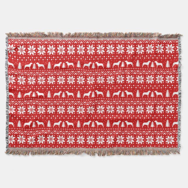 Pit Bull Silhouettes Christmas Holiday Pattern Red Throw Blanket (Front)