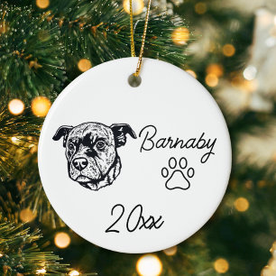 Pit Bull Terrier Dog Custom Name & Year Line Art Ceramic Tree Decoration