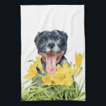 Pit Bull Terrier Dog Watercolor Tea Towel<br><div class="desc">Watercolor painting of a cute black American pit bull terrier dog with a huge smile on her face. She's sitting in a garden with yellow lily flowers. Great gift for dog lovers.</div>