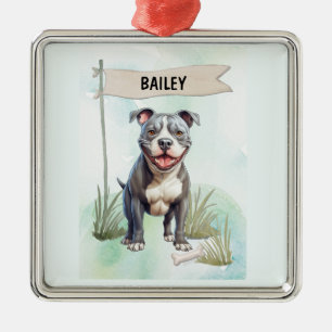 Pit Bull Terrier Watercolor Personalised Dog Metal Tree Decoration