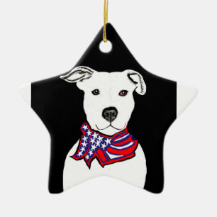 Pit bull wearing Americanflag bandanna Christmas Ceramic Tree Decoration