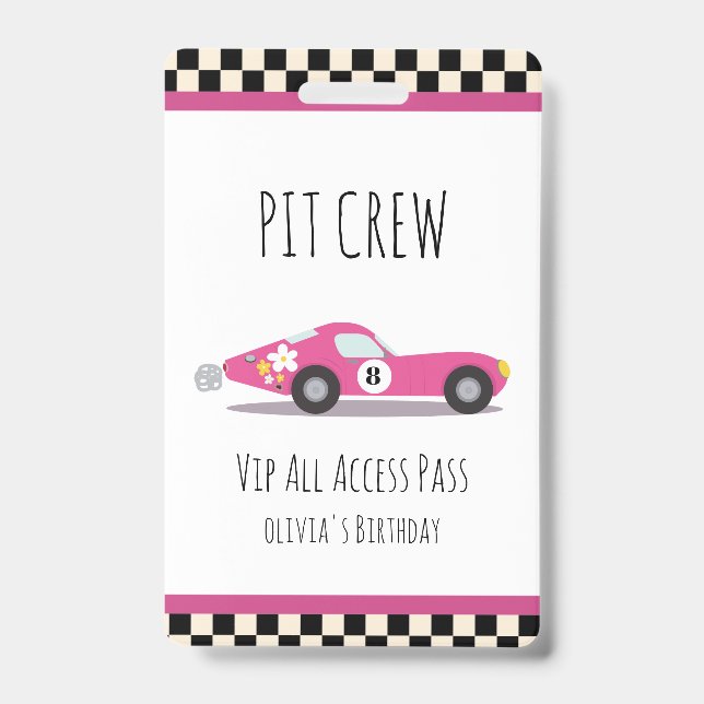 Pit crew Race Car Birthday Party Pit Crew VIP Pass ID Badge (Front)