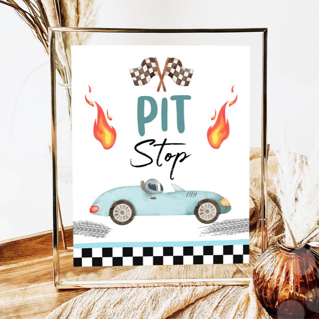 Pit Stop Blue Race Car Two Fast Boy Birthday  Poster (Creator Uploaded)