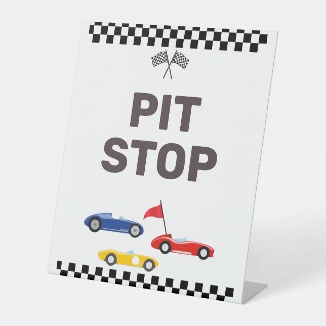 Pit Stop Two Fast Race Car Birthday Snack Table Pedestal Sign (Front)
