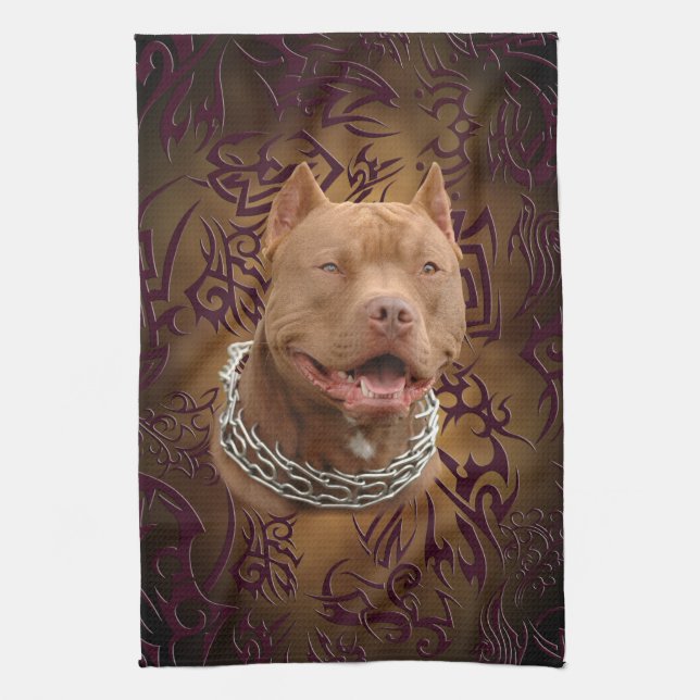 Pitbull brown tribal tattoo tea towel (Vertical)