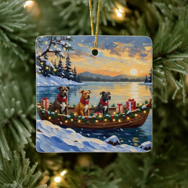 Pitbull Christmas Boat Holiday Ceramic Ornament (Tree)