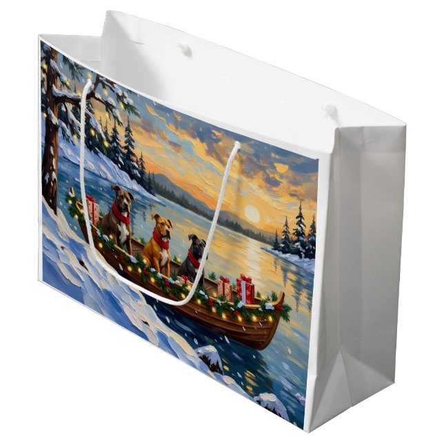 Pitbull Christmas Boat Holiday Large Gift Bag (Front Angled)