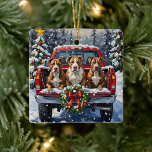 Pitbull Christmas Red Truck Holiday Ceramic Ornament