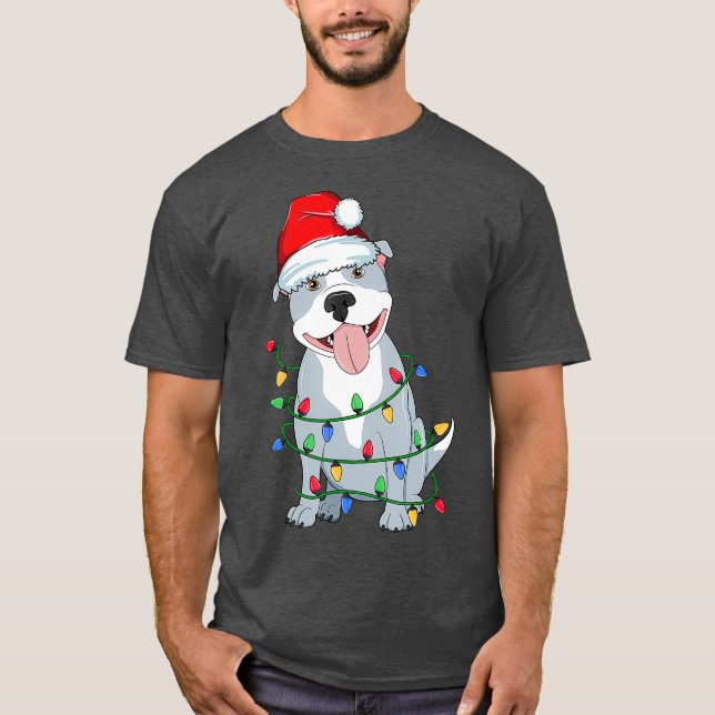 Pitbull Christmas Tree Light Santa Dog Xmas Kid T-Shirt (Front)