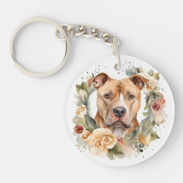 Pitbull Christmas Wreath Festive Pup Key Ring (Front)