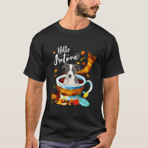 Pitbull Dog Autumn Coffee Hello Autumn Fall Leaf T-Shirt