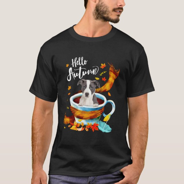 Pitbull Dog Autumn Coffee Hello Autumn Fall Leaf T-Shirt (Front)