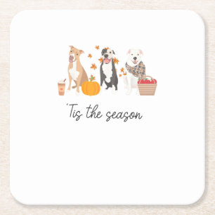 Pitbull Dog Autumn Fall Thanksgiving Tis The Seaso Square Paper Coaster