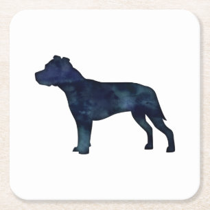 Pitbull Dog Breed Silhouette Black Watercolor Square Paper Coaster
