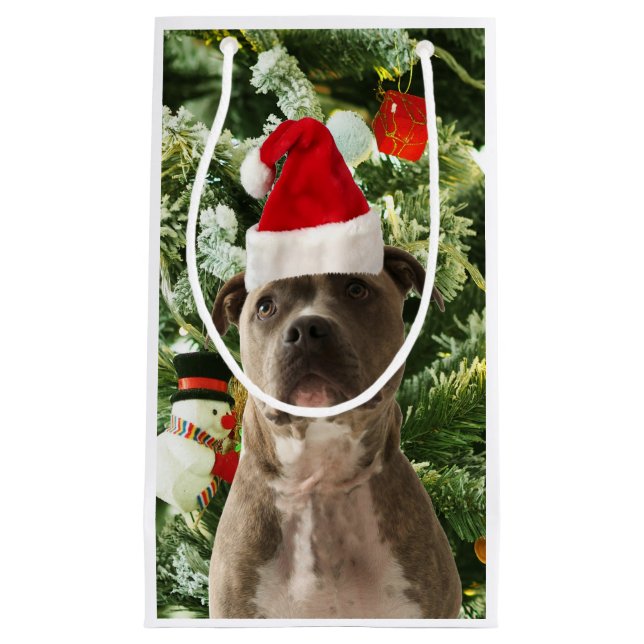 Pitbull Dog Christmas Tree Ornaments Snowman Small Gift Bag (Front)