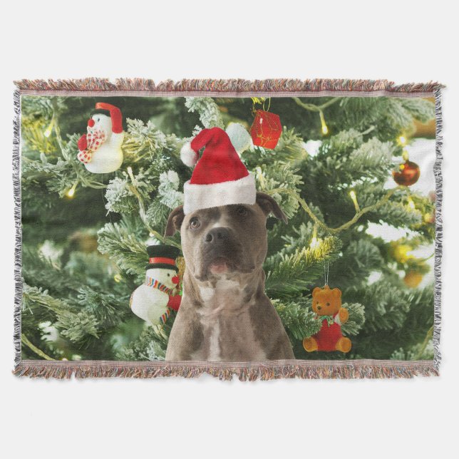 Pitbull Dog Christmas Tree Ornaments Snowman Throw Blanket (Front)