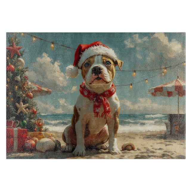 Pitbull Dog Christmas Vintage Beach  Cutting Board (Front)