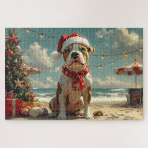 Pitbull Dog Christmas Vintage Beach  Jigsaw Puzzle