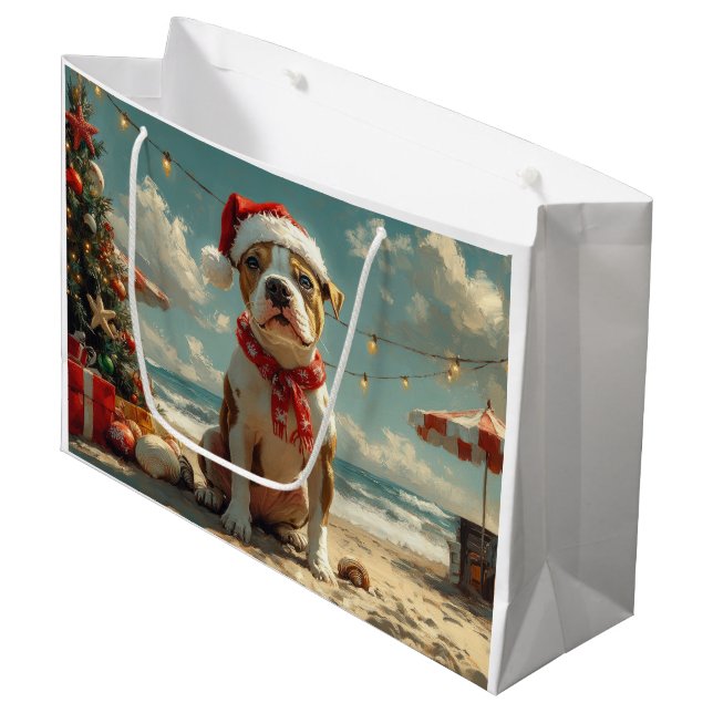 Pitbull Dog Christmas Vintage Beach  Large Gift Bag (Front Angled)