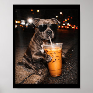 Pitbull Dog Drinking Iced Coffee with Sunglasses Poster