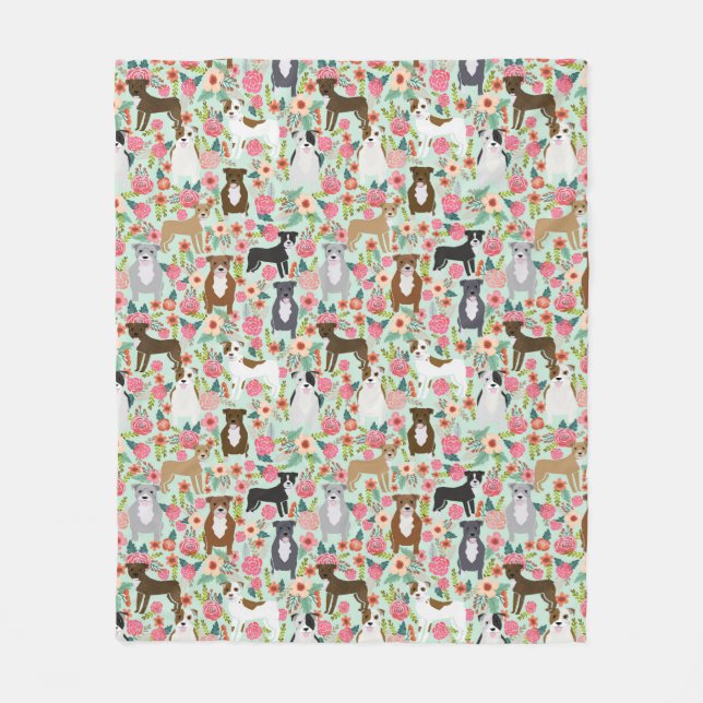 Pitbull Dog Florals Fleece Blanket (Front)
