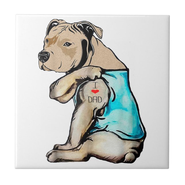 Pitbull Dog I Love Dad Tattoo Funny Family Tile (Front)