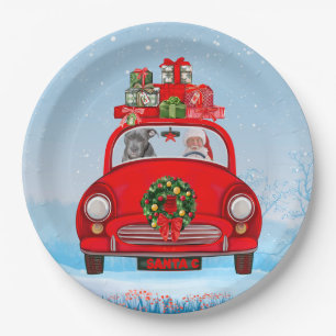 Pitbull Dog In Car With Santa Claus  Paper Plate