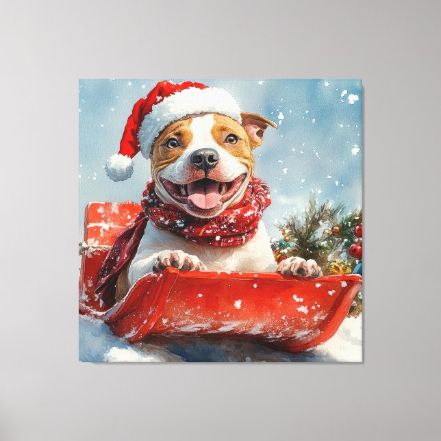 Pitbull Dog in Sledge Let it Snow Christmas Canvas Print (Front)