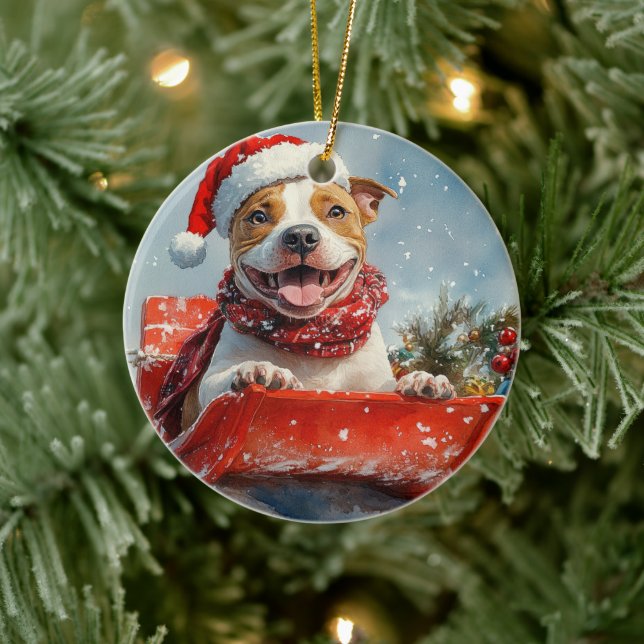 Pitbull Dog in Sledge Let it Snow Christmas Ceramic Tree Decoration (Tree)