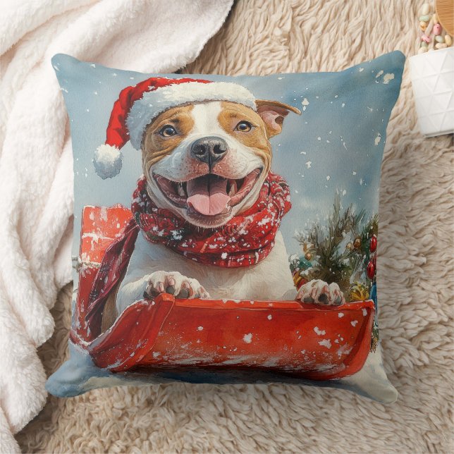 Pitbull Dog in Sledge Let it Snow Christmas Cushion (Blanket)