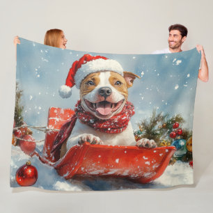 Pitbull Dog in Sledge Let it Snow Christmas Fleece Blanket