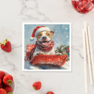 Pitbull Dog in Sledge Let it Snow Christmas Napkin