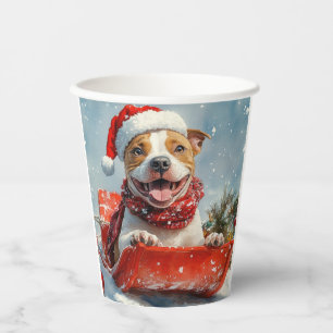 Pitbull Dog in Sledge Let it Snow Christmas Paper Cups