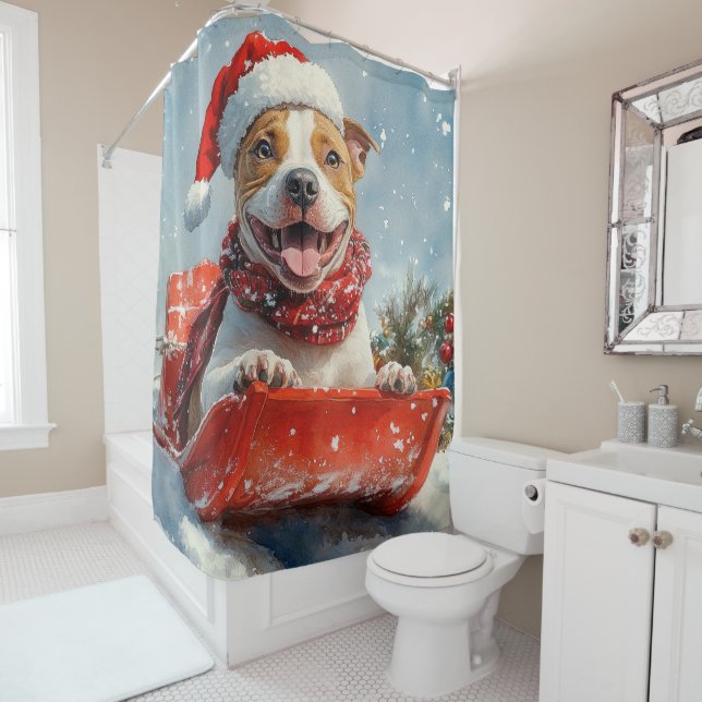 Pitbull Dog in Sledge Let it Snow Christmas Shower Curtain (In Situ)