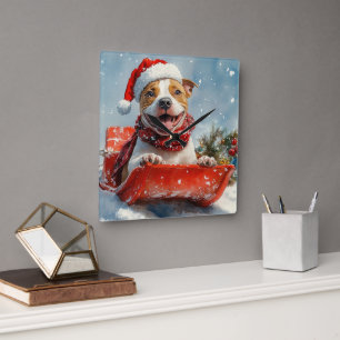 Pitbull Dog in Sledge Let it Snow Christmas Square Wall Clock