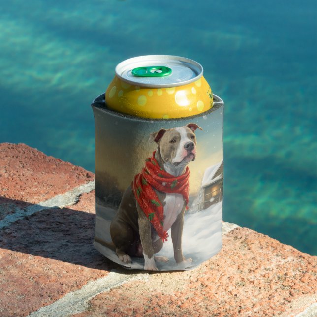 Pitbull Dog in Snow Christmas Can Cooler (In Situ Pool)