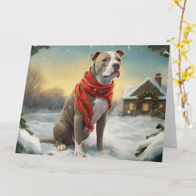 Pitbull Dog in Snow Christmas Card (Yellow Flower)