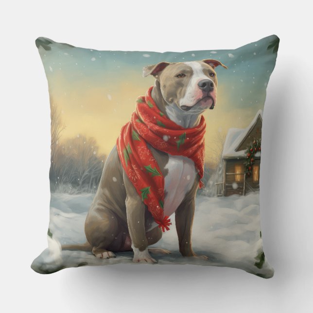 Pitbull Dog in Snow Christmas Cushion (Front)