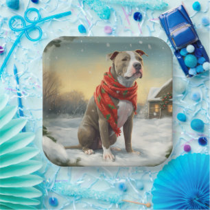 Pitbull Dog in Snow Christmas Paper Plate