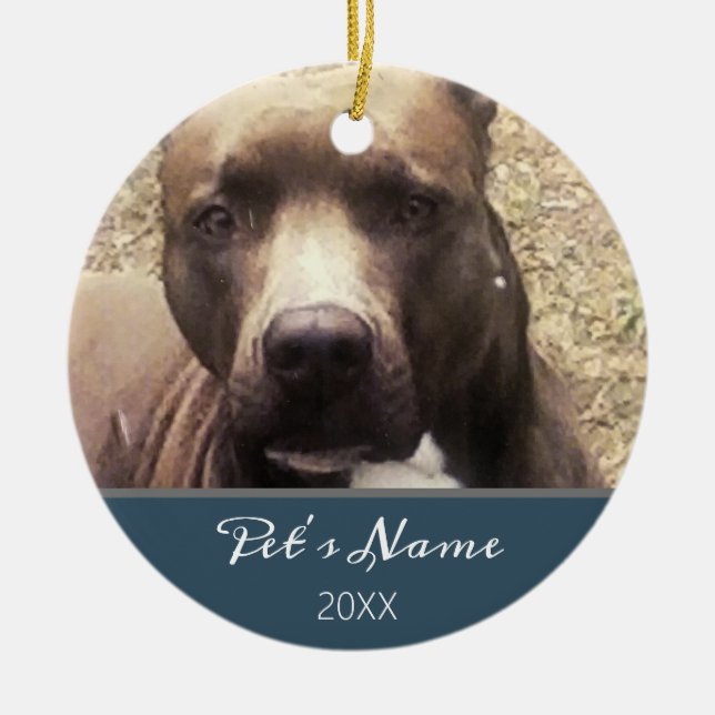 Pitbull Dog Pet Photo Blue Christmas Personalised  Ceramic Tree Decoration (Front)