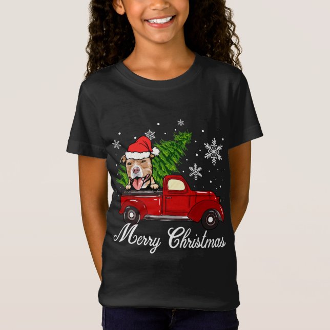 Pitbull Dog Riding Red Truck Christmas Decorations T-Shirt (Front)