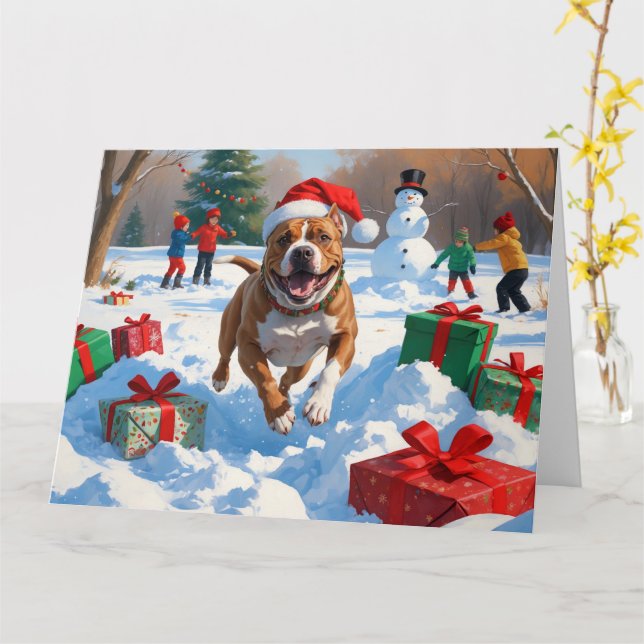 Pitbull Dog Running in Snow with Christmas Hat Card (Yellow Flower)