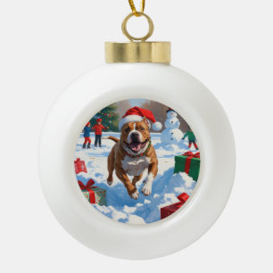 Pitbull Dog Running in Snow with Christmas Hat Ceramic Ball Christmas Ornament
