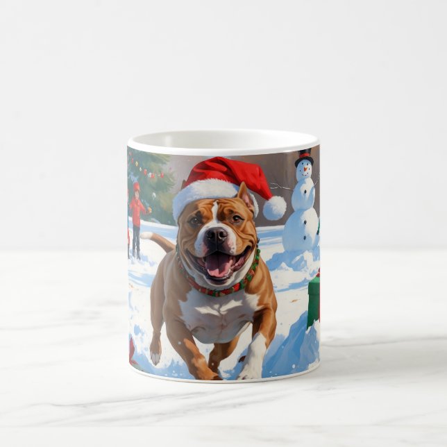 Pitbull Dog Running in Snow with Christmas Hat Coffee Mug (Center)