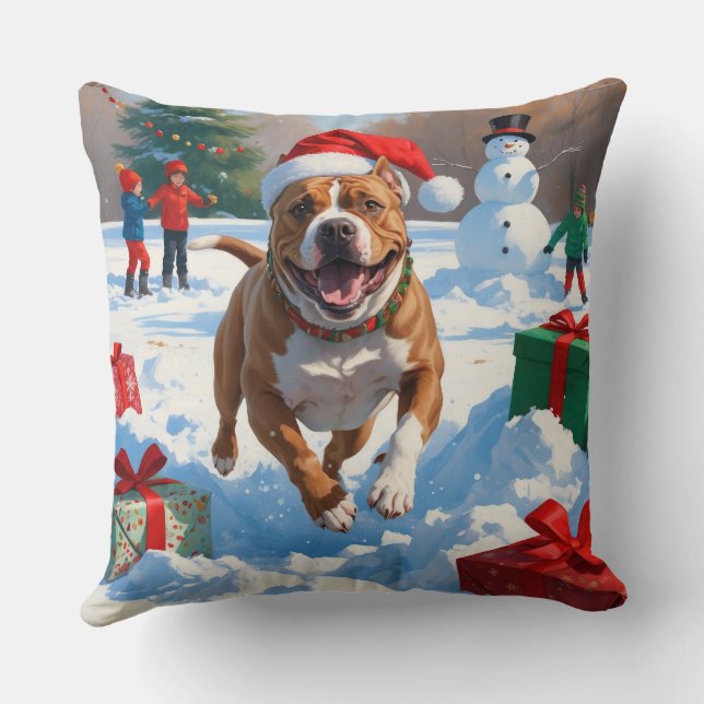 Pitbull Dog Running in Snow with Christmas Hat Cushion (Back)