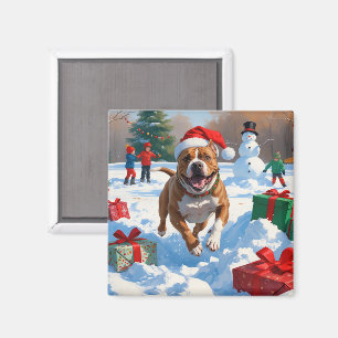 Pitbull Dog Running in Snow with Christmas Hat Magnet