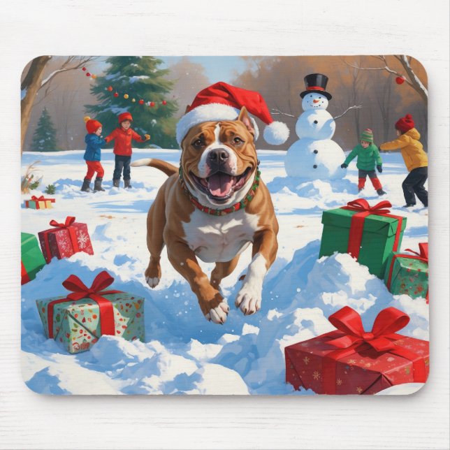 Pitbull Dog Running in Snow with Christmas Hat Mouse Pad (Front)