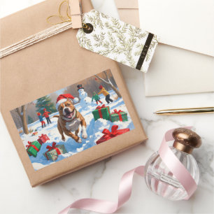Pitbull Dog Running in Snow with Christmas Hat Rectangular Sticker